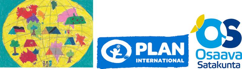 Kolme kuvaa: Keltainen piirretty maapallo, ihmiset seisovat, Plan International -logo, Osaava Satakunta -logo